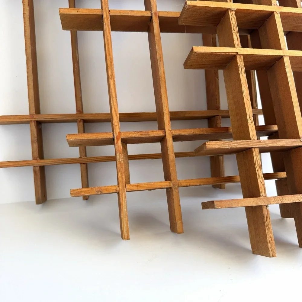 3pc VTG Mcm Curio Shelves Funny Knick Knack Display Handmade Wood Grid Set